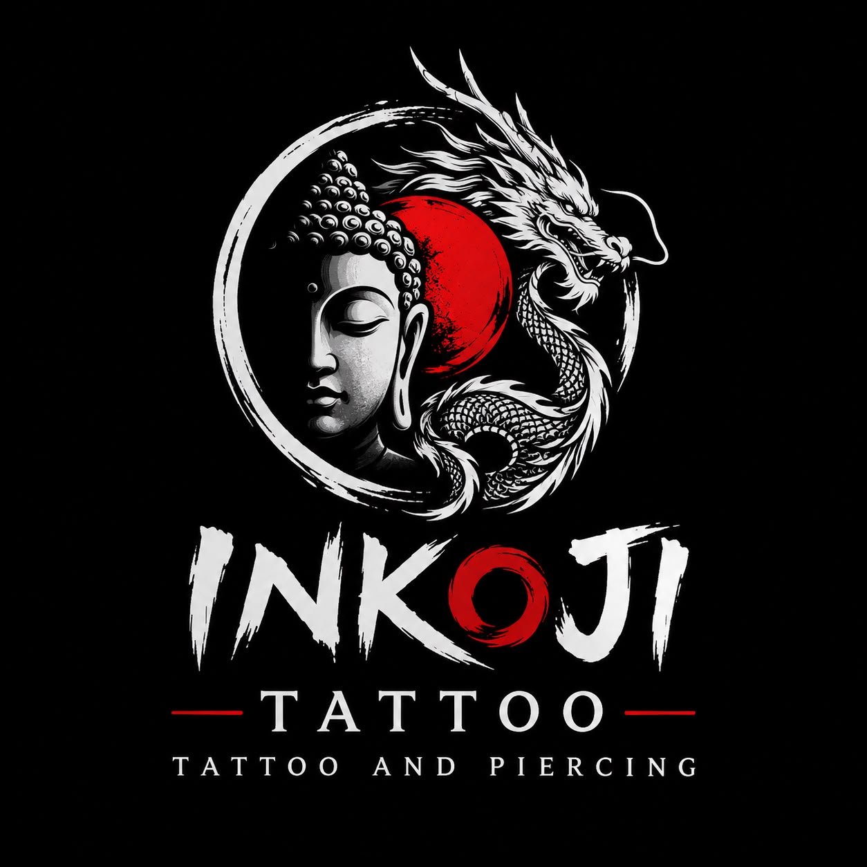 Inkoji Tattoo Studio logo with Buddha and dragon artwork, tattoo and piercing shop in Shokeen Marg, New Delhi